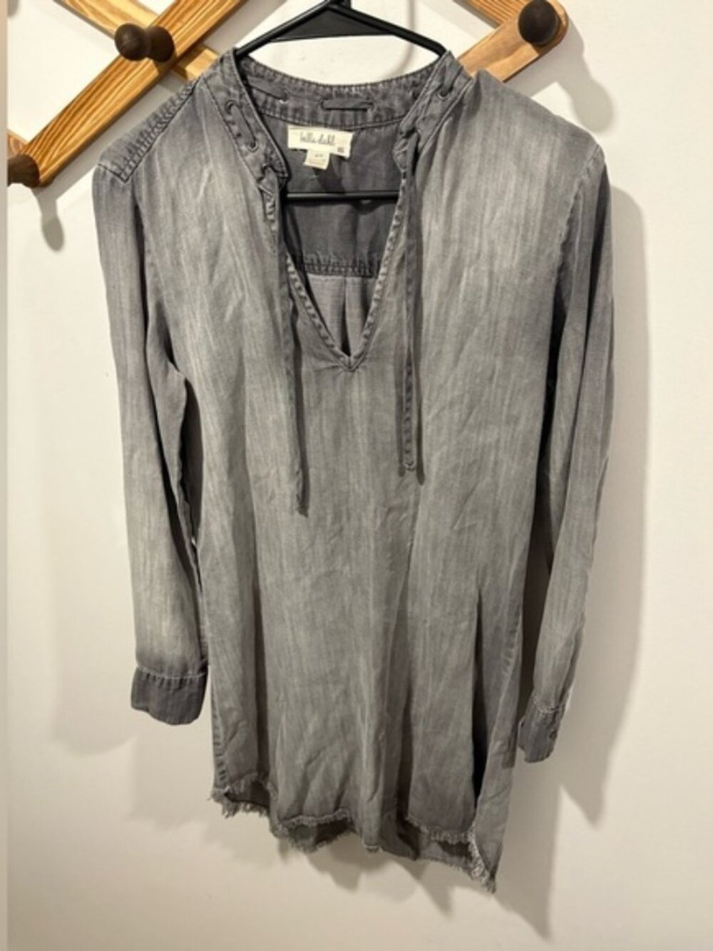 Bella Dahl Stone Wash Grey Long Sleeve Frayed Tunic Dress